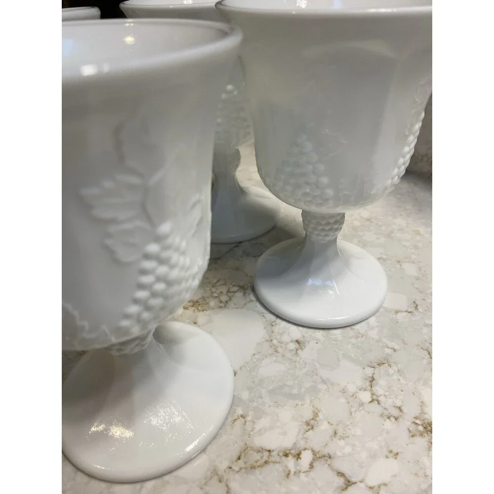 Set of 4 White Milk Glass Grape Pattern Pedestal Goblets 10 oz Vintage Drinkware